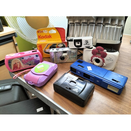 1605 - Collection of retro cameras including Adidas body kit, boots 110 teleflash, Barbie, Polly pocket, Mi... 