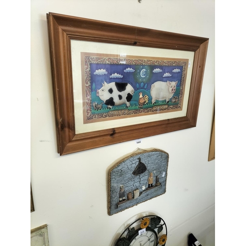 1669 - Framed pig print and sailing style wall hanging