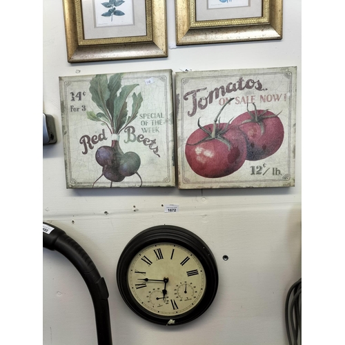 1672 - Pair of canvases depicting tomatoes and red beets and a stylish wall clock