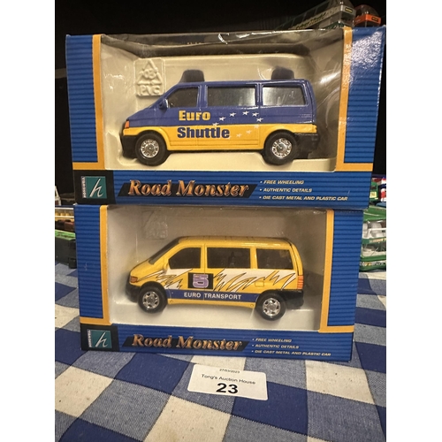 23 - Two boxed Hongwell Road Monster vehicles including Euro Shuttle and Euro Transport