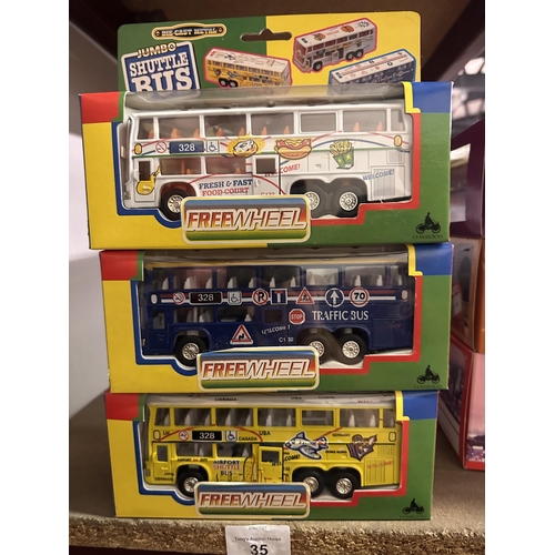 35 - Three boxed Classis Toys Free Wheel Jumbo Shuttle Bus die cast models in designs including Fresh and... 