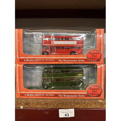 43 - Two boxed 1:76 scale die cast Exclusive First Edition Route Master Series model buses including RMF ... 