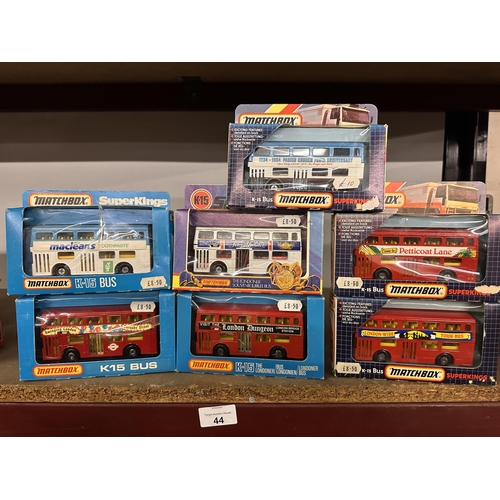 44 - Collection of seven boxed Matchbox Superkings K-15 Bus models including Superkings 1234-1984 Parish ... 