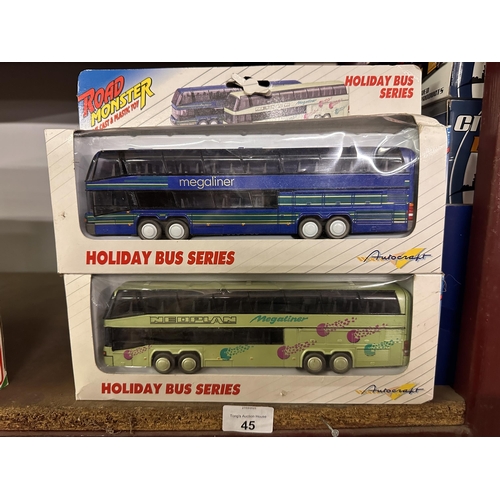 45 - Two boxed Autocraft Road Monster die cast and plastic toy Holiday Bus Series models including Megali... 