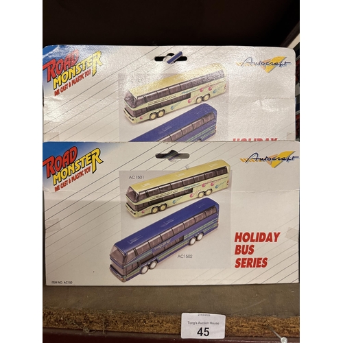 45 - Two boxed Autocraft Road Monster die cast and plastic toy Holiday Bus Series models including Megali... 