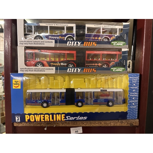 46 - Two boxed Trailblazer More Funny Game City Bus Happy Bus models in blue and red model number 398 and... 