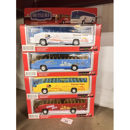 55 - Collection of four boxed Mercedes-Benz Shuttle Buses model number 9480W in white Express Tours, blue... 