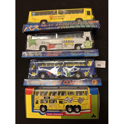 56 - Collection of four model buses including yellow City Bus SH009 route 6A, Teamsters City Coach Autobu... 