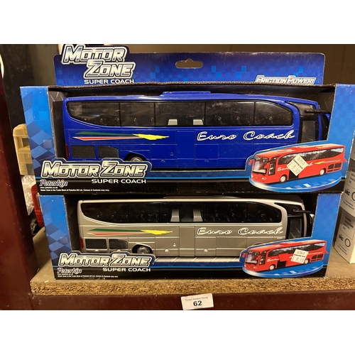 62 - Two boxed Peterkin Motor Zone Friction Power Super Coach Euro Coach models in Blue and Silver