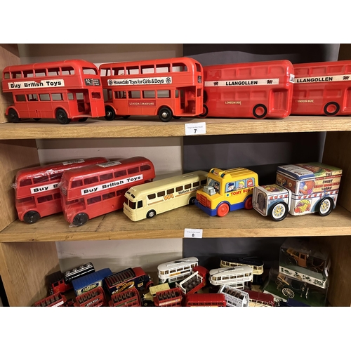 8 - Collection of model bus items including two 'Buy British Toys' London buses, Wallace Arnold bus, TOM... 