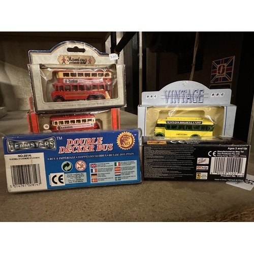 95 - Collection of various model buses including Hamleys, Champion, Teamsters Evening News Double Decker ... 