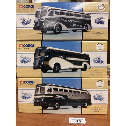 125 - Collection of three Corgi Classics Yellow Coach 743 models in three designs including 98472 WAC, 984... 