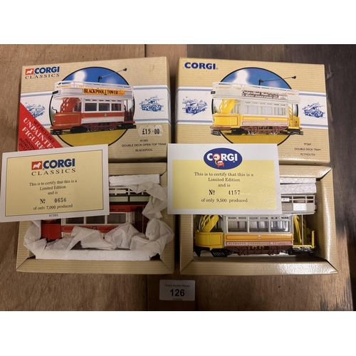 126 - Two boxed Corgi model trams including Double Deck Open Top Tram Blackpool model 97365 number 0656/70... 