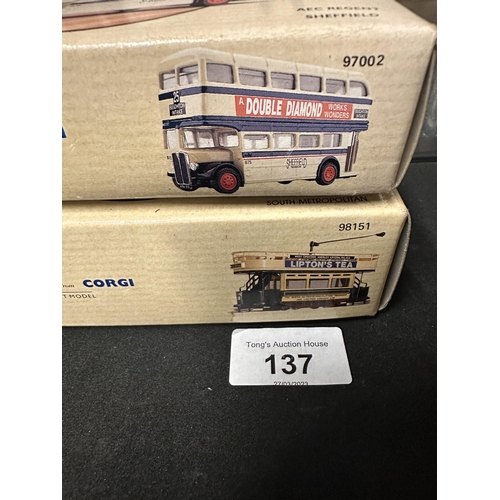 137 - Two Corgi model vehicles including AEC Regent Sheffield bus model number 97002 and Open Top Tram Sou... 