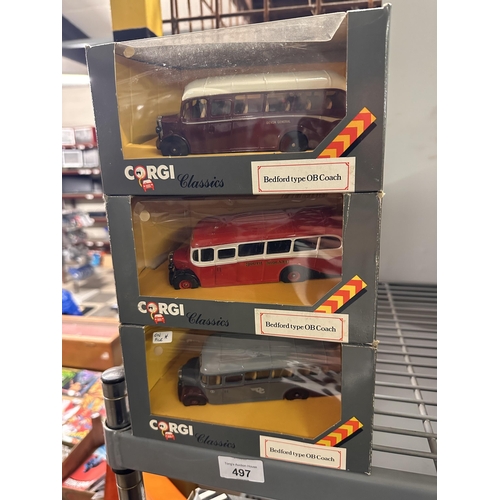 497 - Collection of three Corgi Classics die cast Bedford type OB Coach models including model numbers D94... 