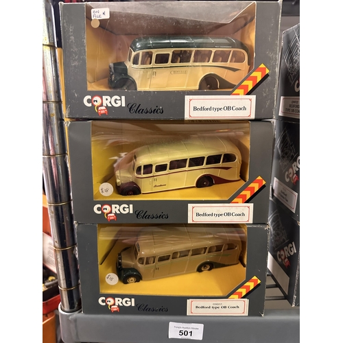 501 - Collection of three Corgi Classics die cast Bedford type OB Coach models including model numbers C94... 