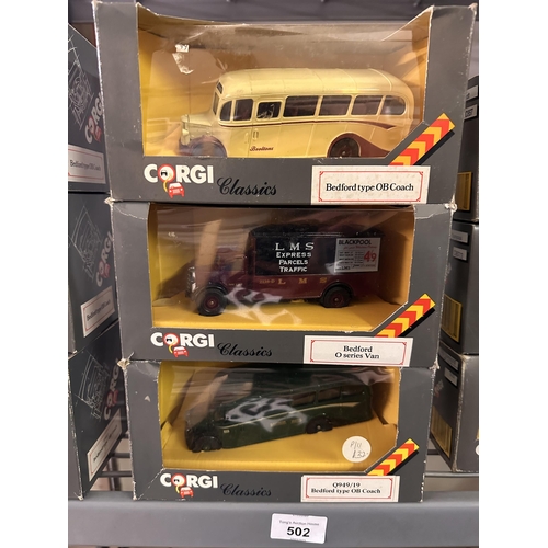 502 - Collection of three Corgi Classics die cast models including Bedford Type OB Coach model number Q949... 