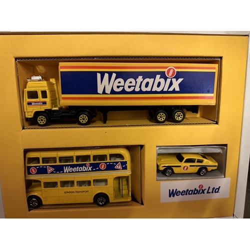 532 - Corgi Special Edition Weetabix three pack die cast model vehicle collection set including bus, car a... 