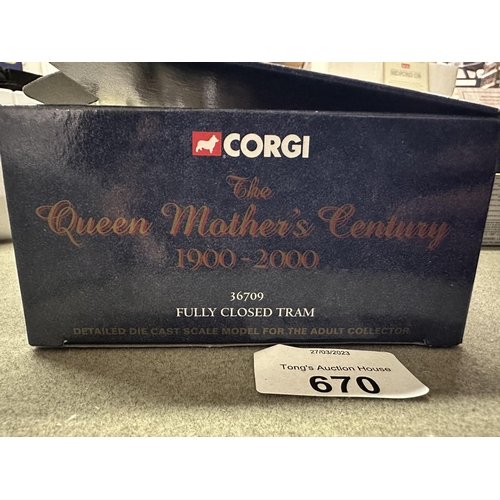 670 - Corgi The Queen Mothers Century 1900-2000 die cast Century Fully Closed Tram model number 36709 in b... 