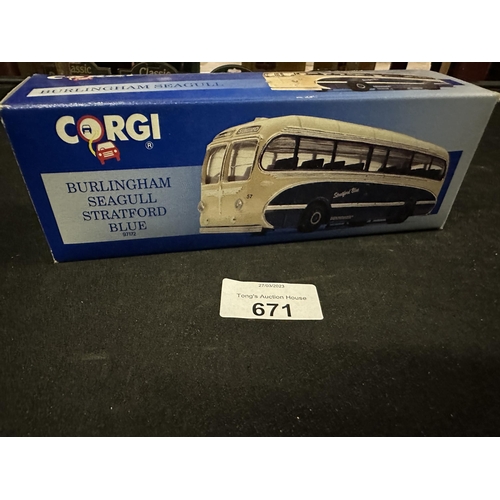 671 - Corgi Burlingham Seagull Stratford Blue die cast model bus model number 97172