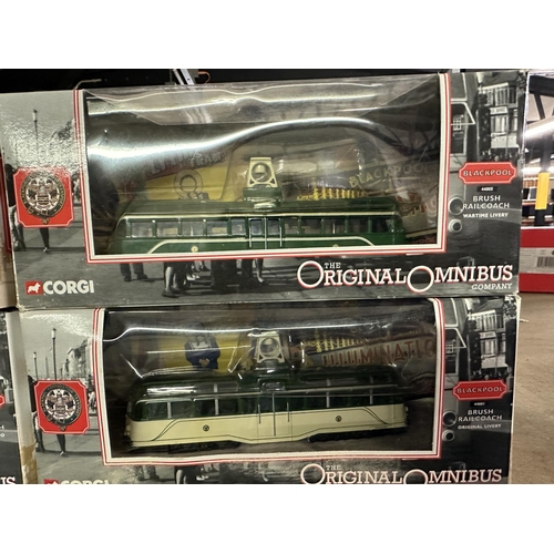 636 - Collection of four Corgi The Original Omnibus Blackpool die cast models including Brush Railcoach Te... 