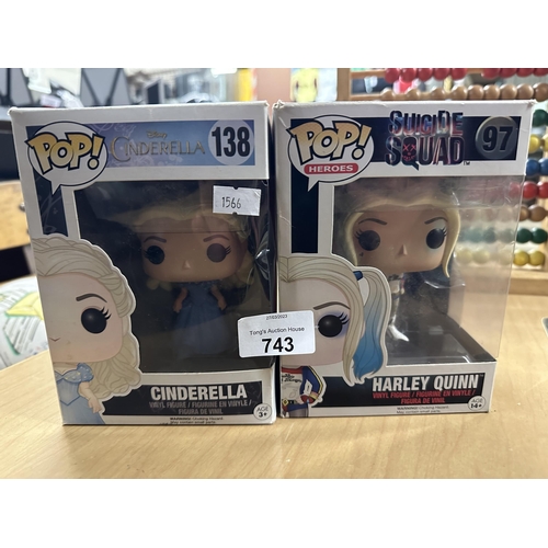 743 - Two Funko Pop! Figures including Disney Cinderella 138 and Suicide Squad Harley Quinn 97