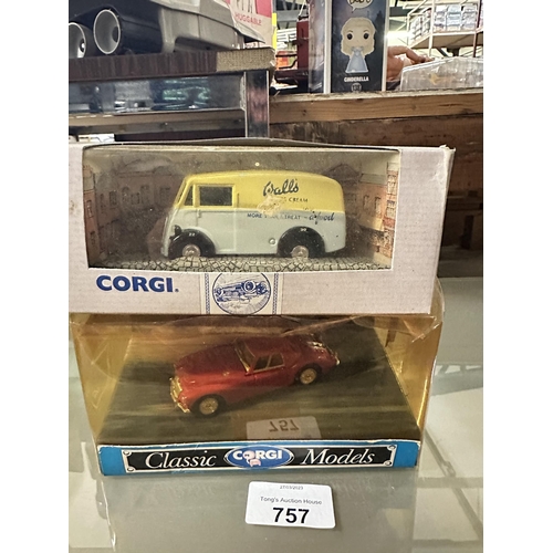 757 - Two Corgi die cast model vehicles including Walls Ice-cream Morris J van model number 99801 and MGA ... 