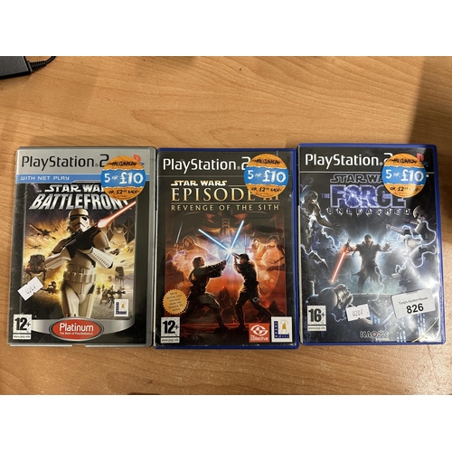 826 - Three PlayStation 2 Star Wars games including Battlefront, Episode III and The Force Unleashed