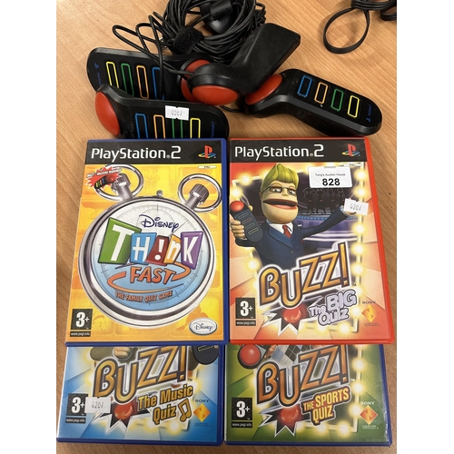 828 - Four PlayStation 2 Buzzers along with three Buzz! games and Disney Think Fast game