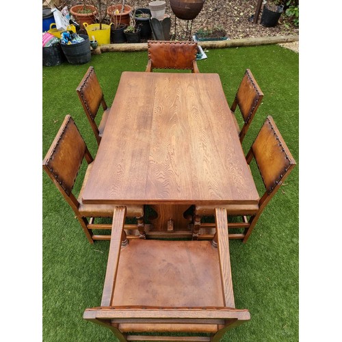 2210 - ANTIQUE SPANISH  / VINTAGE  CROMWELLIAN STYLE OAK WITH DINING ROOM TABLE 6 CHAIRS LEATHER . INCLUDES... 