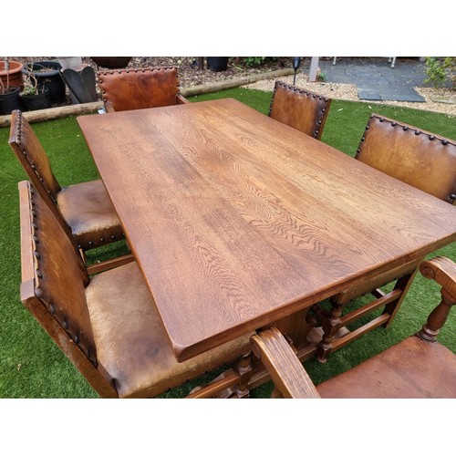 2210 - ANTIQUE SPANISH  / VINTAGE  CROMWELLIAN STYLE OAK WITH DINING ROOM TABLE 6 CHAIRS LEATHER . INCLUDES... 