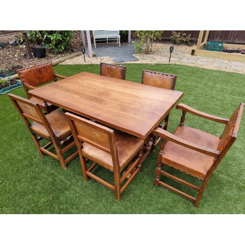 2210 - ANTIQUE SPANISH  / VINTAGE  CROMWELLIAN STYLE OAK WITH DINING ROOM TABLE 6 CHAIRS LEATHER . INCLUDES... 