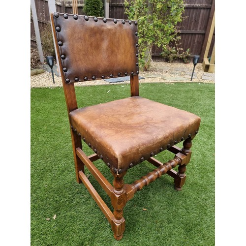 2210 - ANTIQUE SPANISH  / VINTAGE  CROMWELLIAN STYLE OAK WITH DINING ROOM TABLE 6 CHAIRS LEATHER . INCLUDES... 