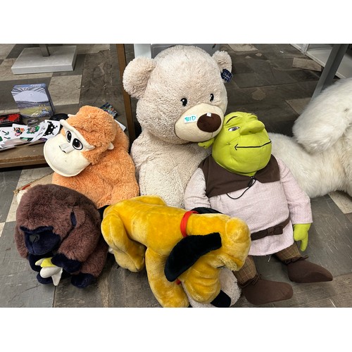 811D - Collection of large soft toys including teddy, Disney Pluto and Shrek