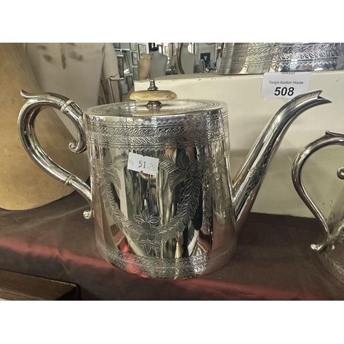 508 - Attractive three piece silver plated set including tea and coffee pots