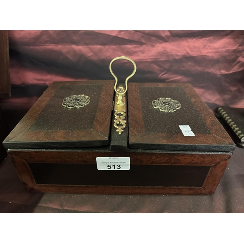 513 - Highly decorative wooden box tea caddy with two compartments and ornate detailing