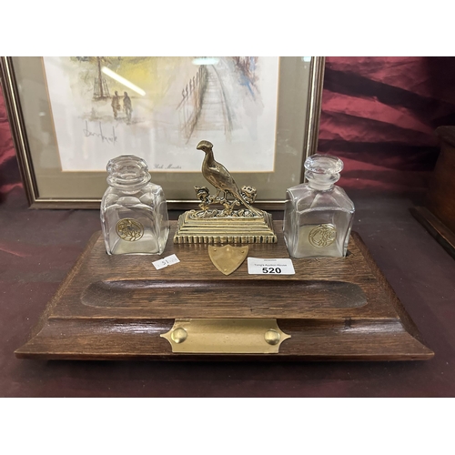 520 - Wooden inkwell stand with brass pheasant decoration and detailing and two inkwells