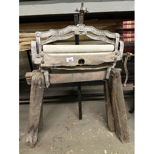 529 - Vintage cast iron British Wringer Mangle on wooden stand