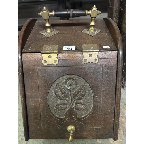 530 - Wooden coal box with carved decoration and brass fittings