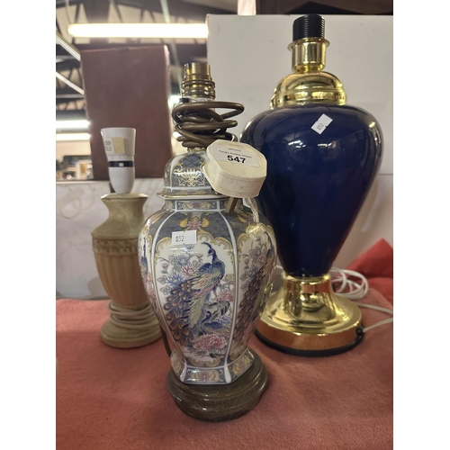 547 - Three vintage lamps including decorative ceramic peacock design lamp, blue and brass lamp and column... 