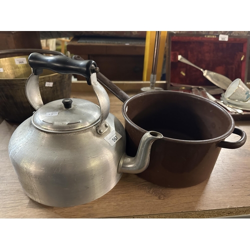 567 - Copper saucepan and metal teapot