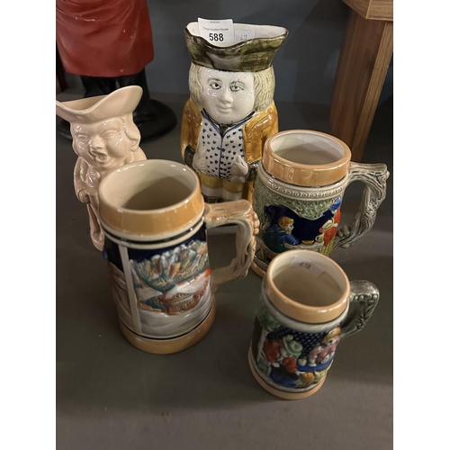 588 - Three ceramic tankards including one German and two ceramic character jugs