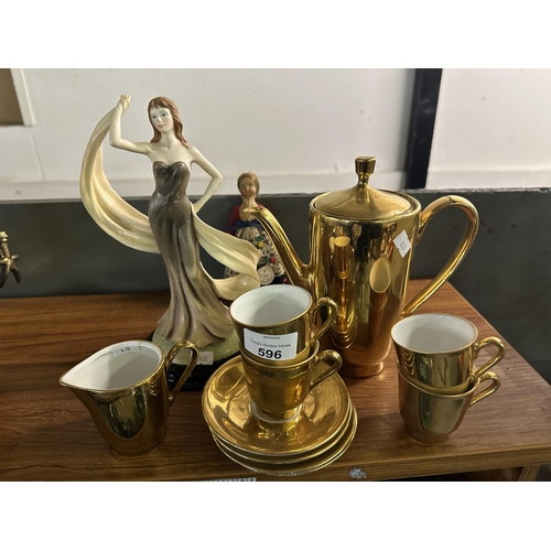 596 - Collection of items including gold colour coffee set, figure of a lady and vintage doll