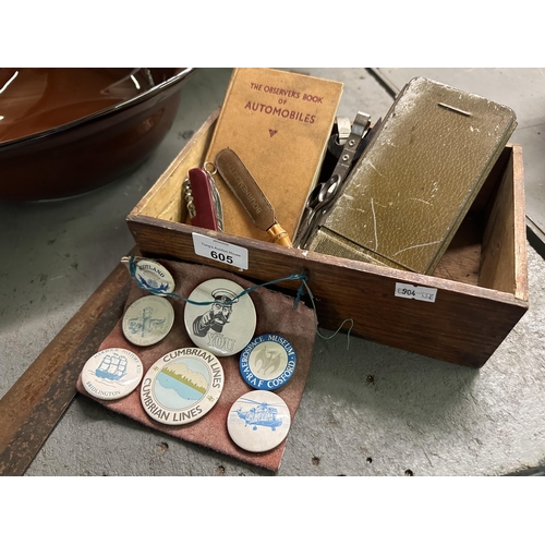 605 - Collection of vintage ephemera and trinkets including badges, Swiss army knife, tin opener, cigarett... 