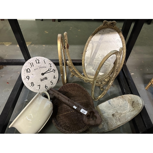 628 - Collection of items including wall clock, wicker basket, key hanger and vintage bi-fold mirror in ne... 