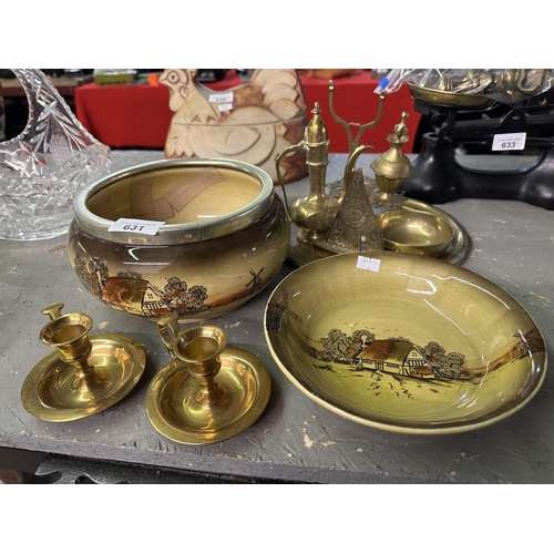 631 - Collection of items including brass candlesticks, plate and oil pourer as well as Newport Pottery Co... 