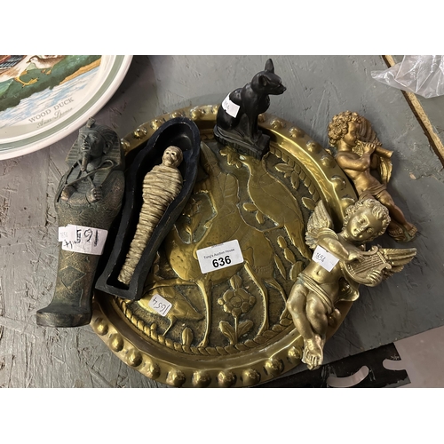 636 - Collection of items including decorative brass plate, cherubs and Egyptian figures