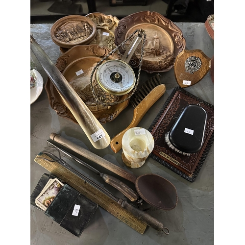 645 - Collection of items including plates, barometer, horn handled sharpener, and cards