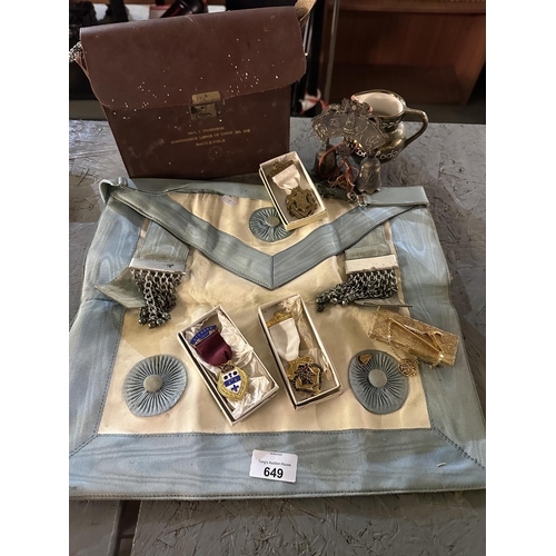649 - Collection of Masonic items including Apron and medals/jewels, one of which is plastic