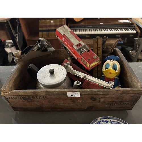 655 - Vintage wooden box with contents including die cast model vehicles, planer and Donald Duck